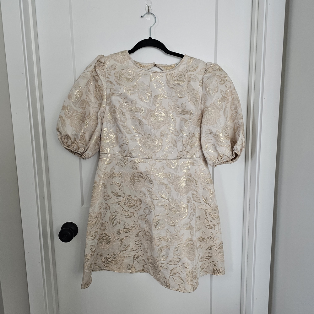 ASOS Cream and Gold Floral Brocade Puff Sleeve Dress